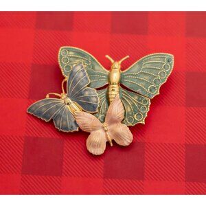 Vintage Art Nouveau Multicolor Three Butterflies Gold Tone Brooch - O18